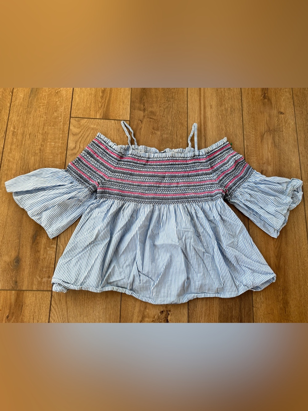 Lane Bryant Blue Pinstripe Off-Shoulder Top with Pink Embroidered Smocking